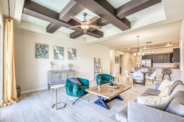 14940 Tierra Escape Ave, El Paso, TX 79938 - living room with wood tiled floor, coffered ceiling, ceiling fan with notable chandelier, and beamed ceiling