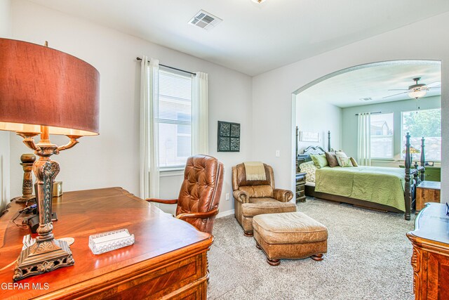 carpeted bedroom with arched walkways, multiple windows, baseboards, and visible vents