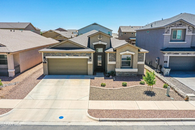 view of front facade with a residential view, a shingled roof, a garage, stucco siding, and driveway