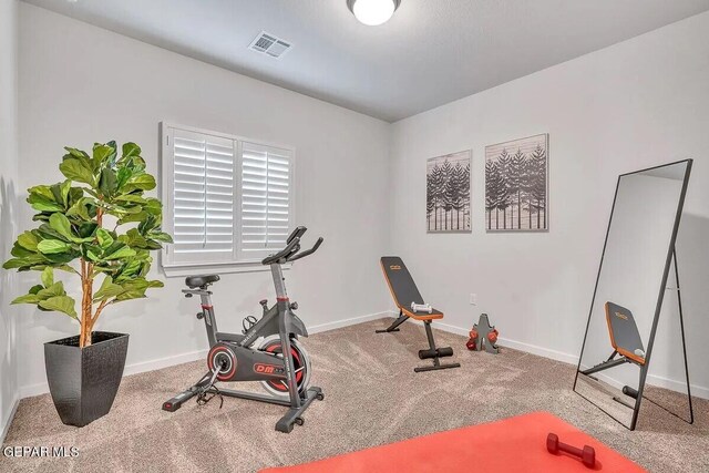 workout area with carpet flooring, baseboards, and visible vents