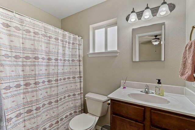full bathroom with vanity, a shower with curtain, and toilet