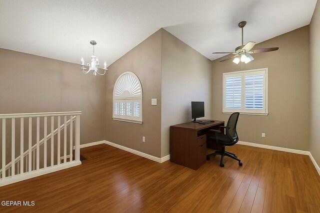 14319 Island Point Dr, El Paso, TX 79938 - unfurnished office featuring lofted ceiling, baseboards, wood finished floors, a chandelier, and ceiling fan
