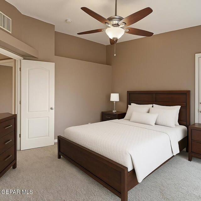 14319 Island Point Dr, El Paso, TX 79938 - bedroom with light colored carpet and ceiling fan