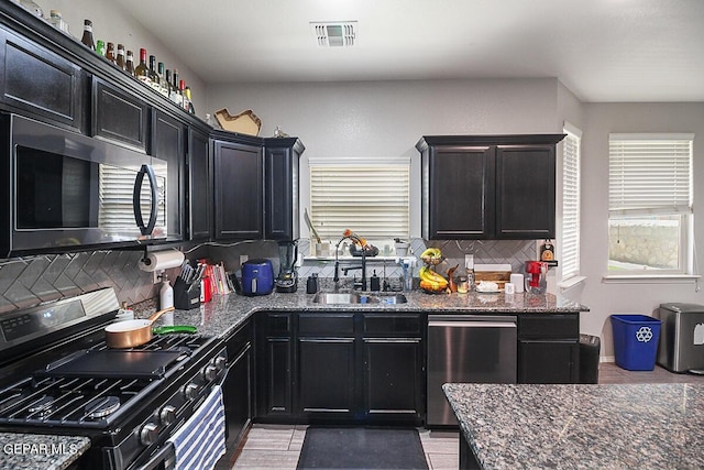 kitchen featuring dark cabinetry, a sink, appliances with stainless steel finishes, and a healthy amount of sunlight