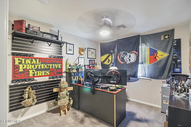 office space featuring baseboards, carpet, and visible vents