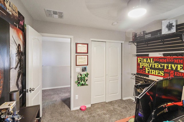 game room with baseboards, visible vents, and carpet