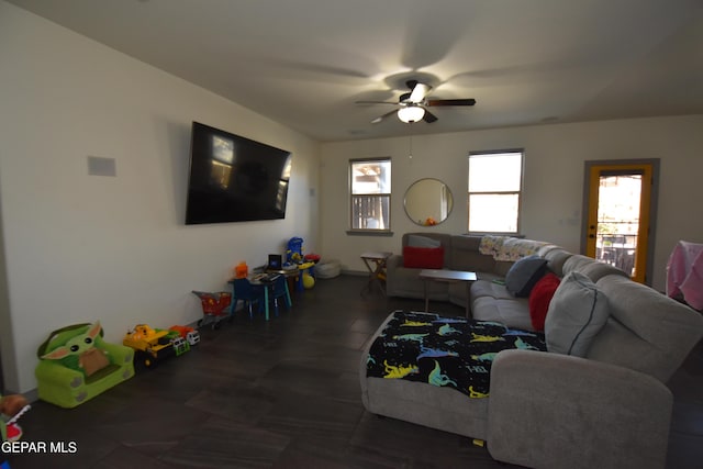 living room with a ceiling fan