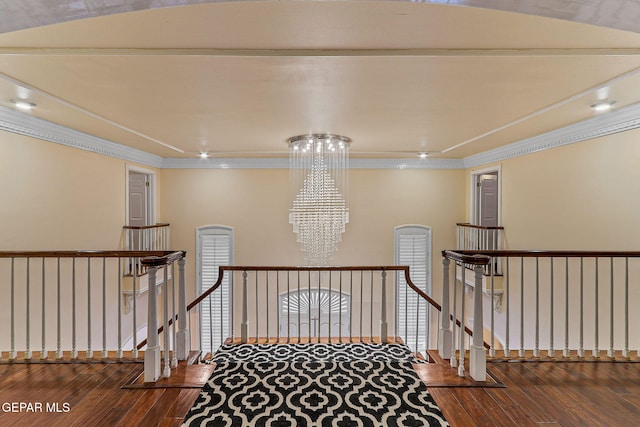 624 Mount Cristo Rey Ln, El Paso, TX 79922 - hall featuring an upstairs landing, hardwood / wood-style floors, a chandelier, and crown molding