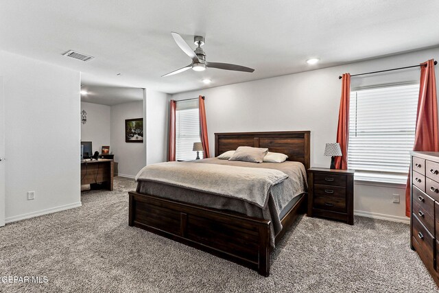 bedroom featuring carpet, a ceiling fan, baseboards, recessed lighting, and visible vents