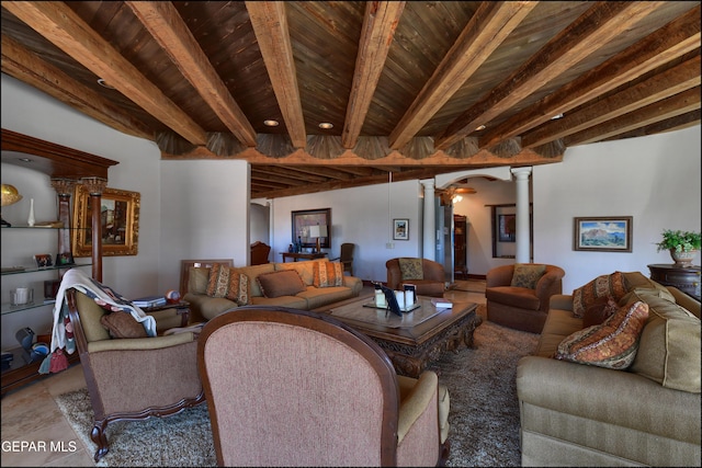 5401 Tierra Vista Dr, El Paso, TX 79932 - living area featuring ornate columns, wooden ceiling with exposed beams, and arched walkways