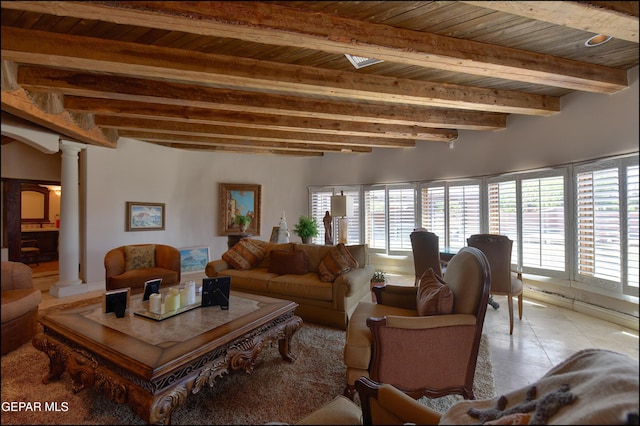 5401 Tierra Vista Dr, El Paso, TX 79932 - living room featuring ornate columns, wood ceiling with exposed beams, and light tile patterned floors
