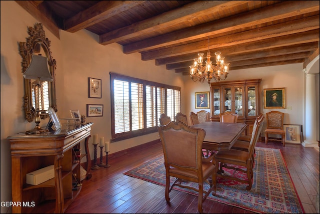 5401 Tierra Vista Dr, El Paso, TX 79932 - dining area with a chandelier, dark wood finished floors, wood ceiling with exposed beams, and baseboards
