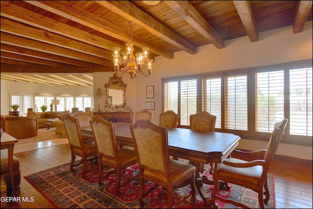 5401 Tierra Vista Dr, El Paso, TX 79932 - dining space featuring a chandelier, plenty of natural light, wood ceiling with exposed beams, and wood-type flooring