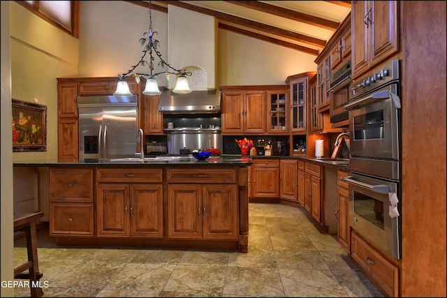 5401 Tierra Vista Dr, El Paso, TX 79932 - kitchen featuring stainless steel appliances, high vaulted ceiling, tasteful backsplash, beam ceiling, and dark countertops