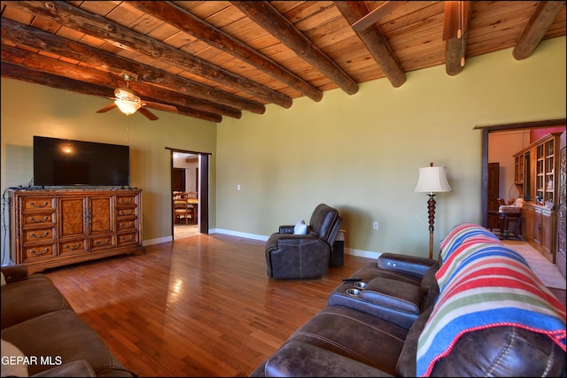 5401 Tierra Vista Dr, El Paso, TX 79932 - living room with wooden ceiling with exposed beams, wood finished floors, a ceiling fan, and baseboards