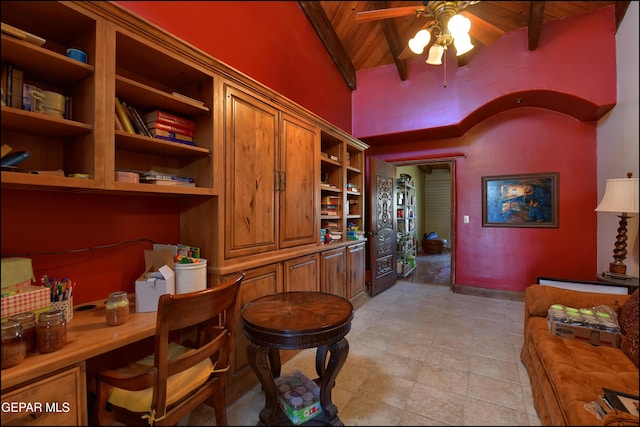 5401 Tierra Vista Dr, El Paso, TX 79932 - home office featuring wooden ceiling with exposed beams, ceiling fan, and high vaulted ceiling
