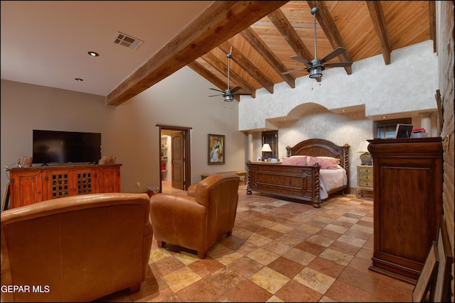 5401 Tierra Vista Dr, El Paso, TX 79932 - bedroom with wood ceiling with exposed beams, stone tile flooring, and high vaulted ceiling