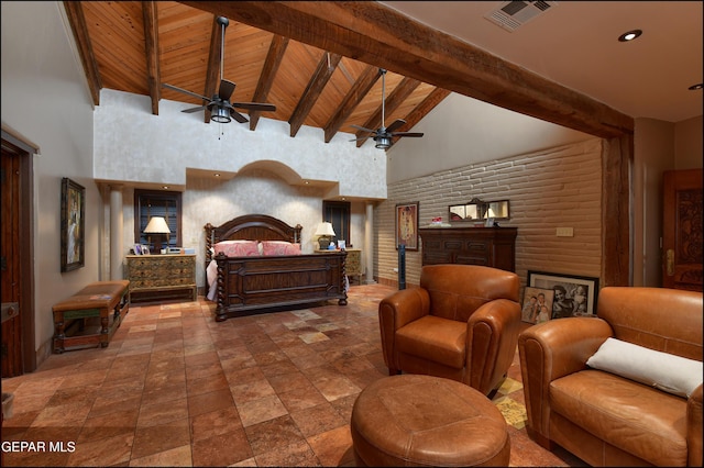 5401 Tierra Vista Dr, El Paso, TX 79932 - bedroom featuring high vaulted ceiling, a fireplace, and wood ceiling with exposed beams