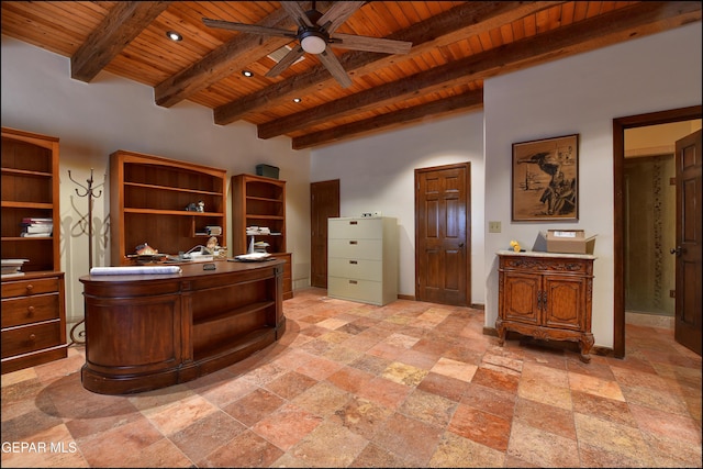 5401 Tierra Vista Dr, El Paso, TX 79932 - office space featuring wood ceiling with exposed beams, ceiling fan, stone tile floors, baseboards, and recessed lighting