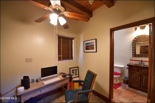 5401 Tierra Vista Dr, El Paso, TX 79932 - office area with a sink, a ceiling fan, wood ceiling with exposed beams, and baseboards