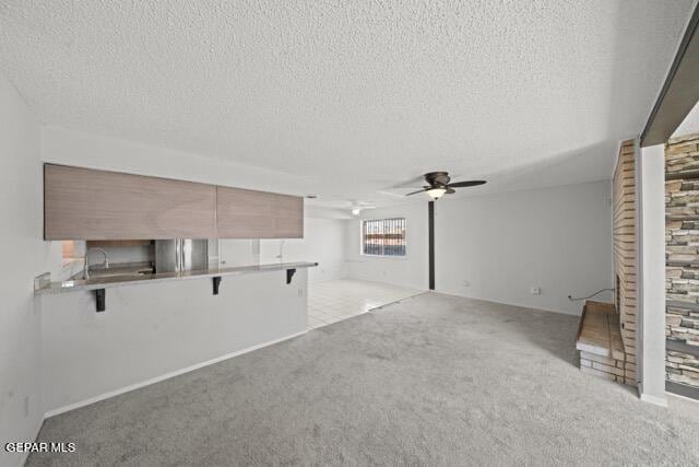 4808 Sagittarius Ave, El Paso, TX 79924 - unfurnished living room featuring ceiling fan, light carpet, and a textured ceiling