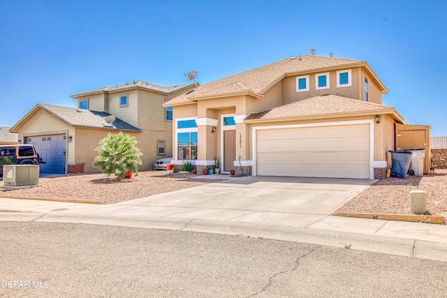 14253 Hacienda Rock Dr, El Paso, TX 79938 - view of front of house featuring driveway, stucco siding, a garage, and a shingled roof