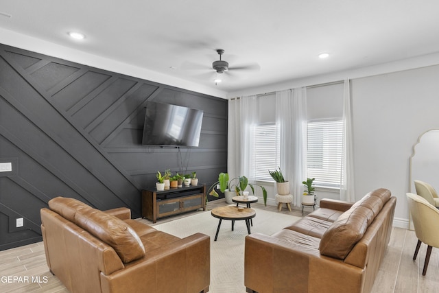 13106 Salterton Ave, El Paso, TX 79928 - living room with ceiling fan, a decorative wall, light wood-style flooring, recessed lighting, and baseboards