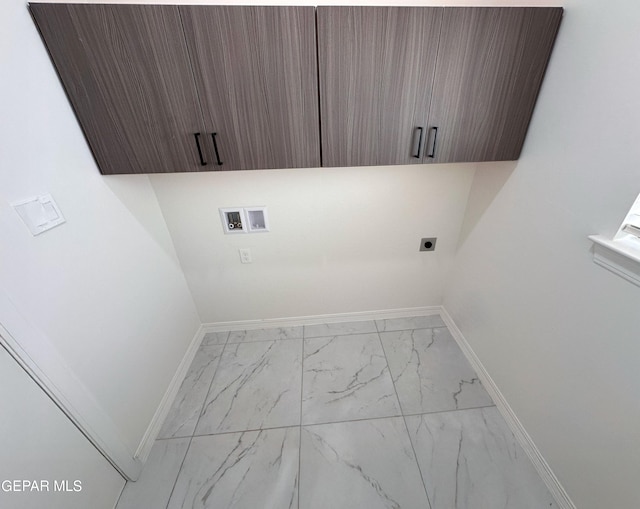 913 Larkhall Pl, El Paso, TX 79928 - laundry room with marble finish floor, baseboards, hookup for an electric dryer, cabinet space, and washer hookup
