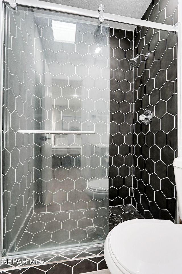 bathroom with a stall shower and toilet