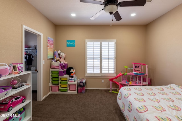 bedroom featuring recessed lighting, a ceiling fan, carpet, and baseboards