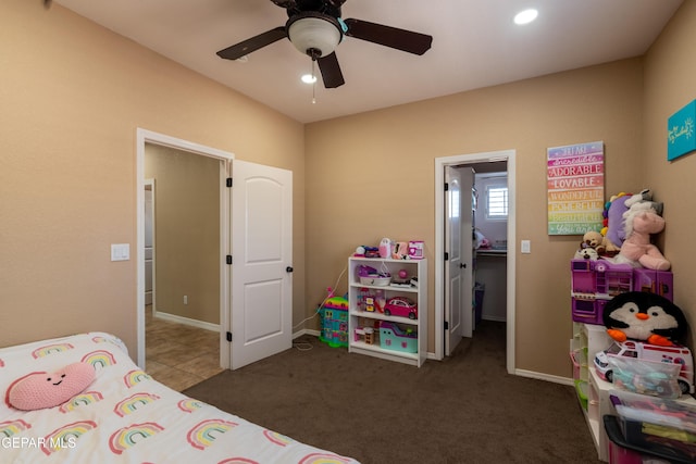 bedroom featuring carpet flooring, recessed lighting, ceiling fan, and baseboards