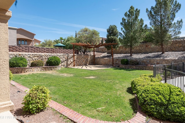 view of yard with a fenced backyard and a patio
