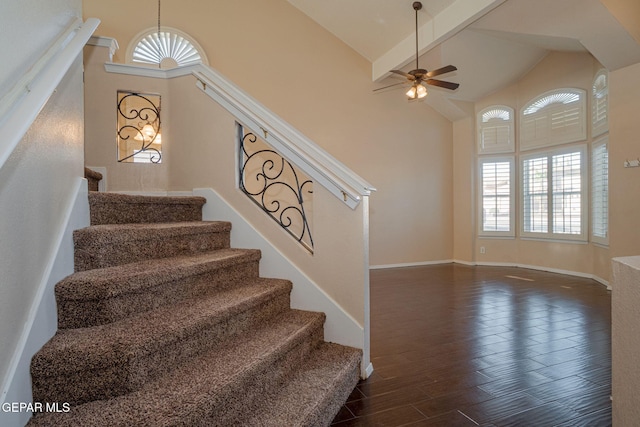 527 Longleaf Pl, El Paso, TX 79928 - stairway with ceiling fan, high vaulted ceiling, baseboards, wood finished floors, and beamed ceiling