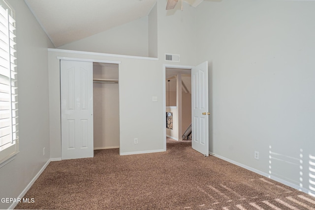 527 Longleaf Pl, El Paso, TX 79928 - unfurnished bedroom with high vaulted ceiling, baseboards, carpet, and visible vents