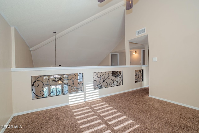 527 Longleaf Pl, El Paso, TX 79928 - stairs featuring a ceiling fan, carpet, lofted ceiling, and visible vents