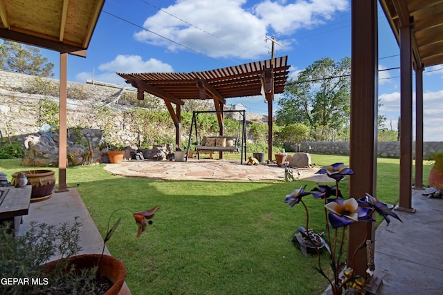 view of yard with a pergola, a patio, and a fenced backyard