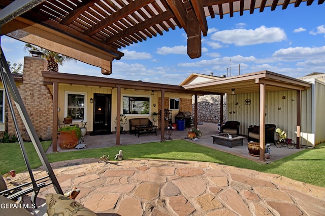 view of patio / terrace featuring an outdoor fire pit and a pergola