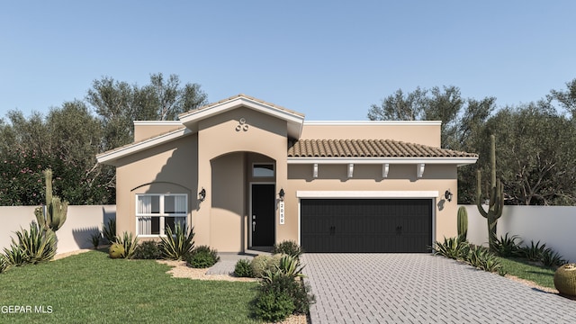 mediterranean / spanish house with a garage, fence, decorative driveway, stucco siding, and a tile roof