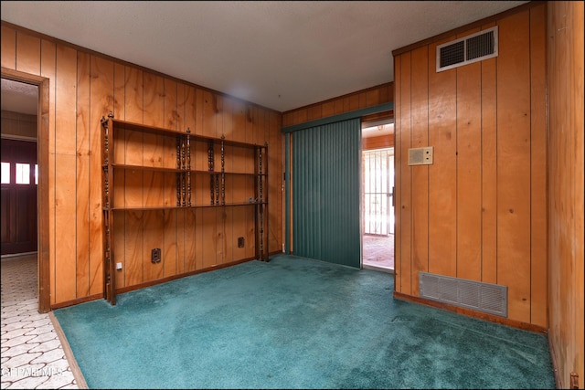 unfurnished room featuring wooden walls and carpet floors
