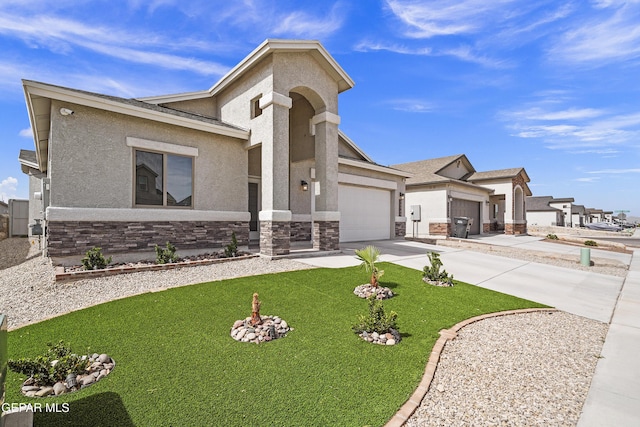 13740 Lago Vista Ave, El Paso, TX 79928 - view of front of house with stone siding, driveway, a garage, and stucco siding