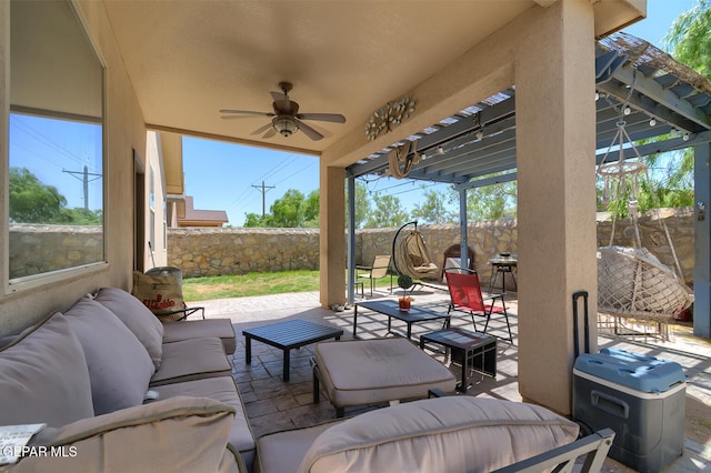 4929 Adrian Campos St, El Paso, TX 79938 - view of patio with an outdoor living space, a ceiling fan, and a fenced backyard