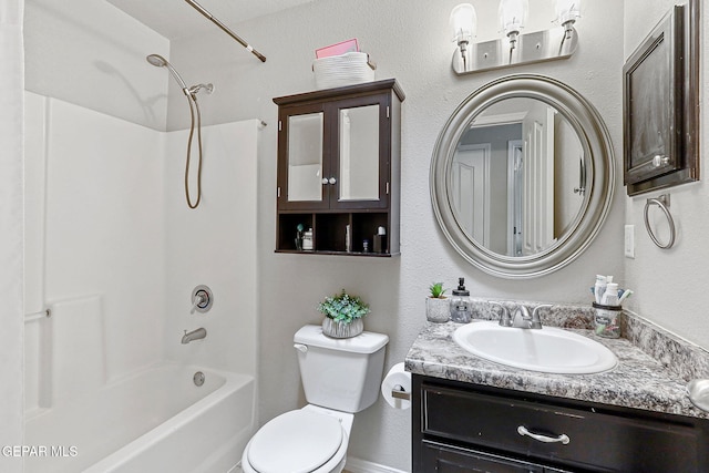 full bath featuring toilet, shower / washtub combination, and vanity