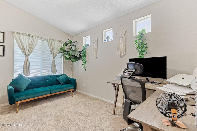 office with baseboards, a textured ceiling, carpet, and a wealth of natural light