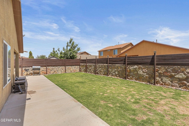 view of yard with a fenced backyard and a patio
