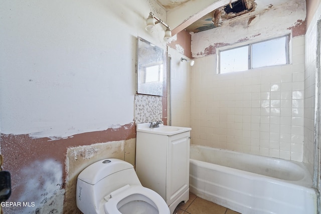 bathroom with vanity, tile patterned flooring, shower / bathtub combination, and toilet