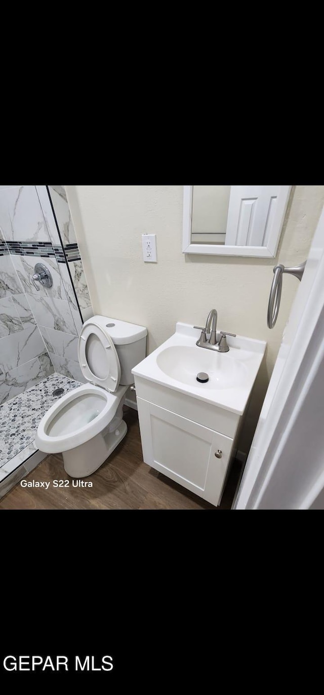 bathroom featuring vanity, a shower stall, and toilet