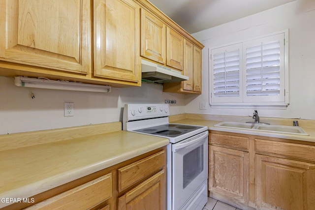 4800 N Stanton St Unit 87, El Paso, TX 79902 - kitchen with under cabinet range hood, a sink, white range with electric stovetop, and light countertops