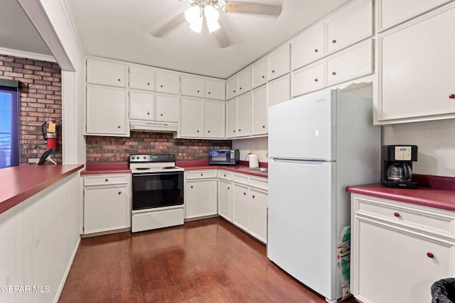 4800 N Stanton St Unit 87, El Paso, TX 79902 - kitchen with white appliances, under cabinet range hood, white cabinetry, dark wood-style floors, and a ceiling fan