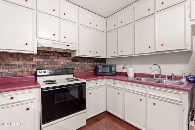 4800 N Stanton St Unit 87, El Paso, TX 79902 - kitchen featuring under cabinet range hood, a sink, white cabinetry, black microwave, and white range with electric cooktop