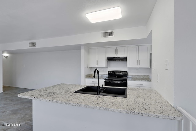 kitchen featuring a sink, under cabinet range hood, black range with electric cooktop, and visible vents